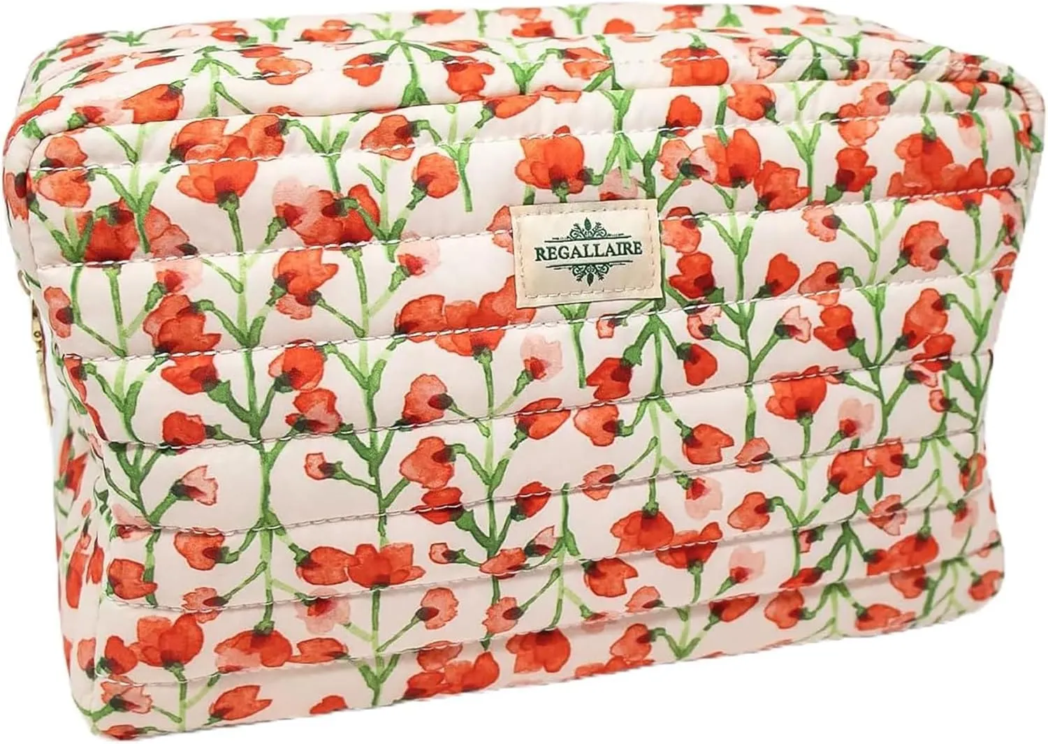 Quilted Cotton Makeup Travel Bag | Large Size | Cosmetic Organizer Case | For Women & Girls | Brush & Accessories Storage | Purse | Cute Aesthetic Floral Toiletry Bag | Pink
