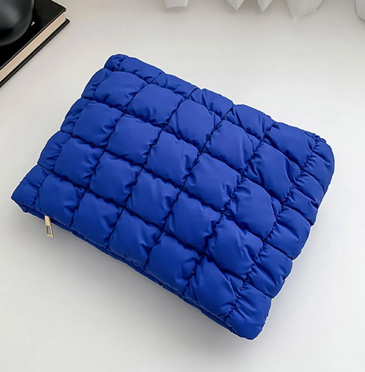 Quilted Makeup Bags Cosmetic Toiletry Organizer Bags Solid Puffer Clutch Cute Pouch for Women, Royal Blue