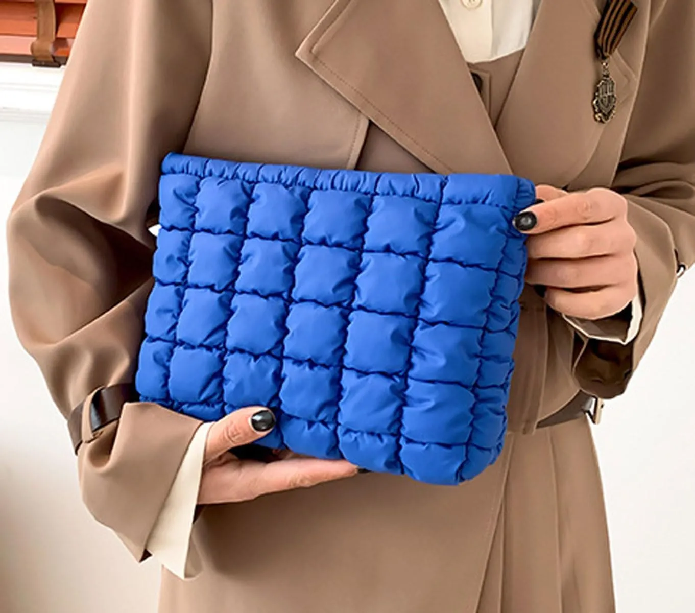 Quilted Makeup Bags Cosmetic Toiletry Organizer Bags Solid Puffer Clutch Cute Pouch for Women, Royal Blue