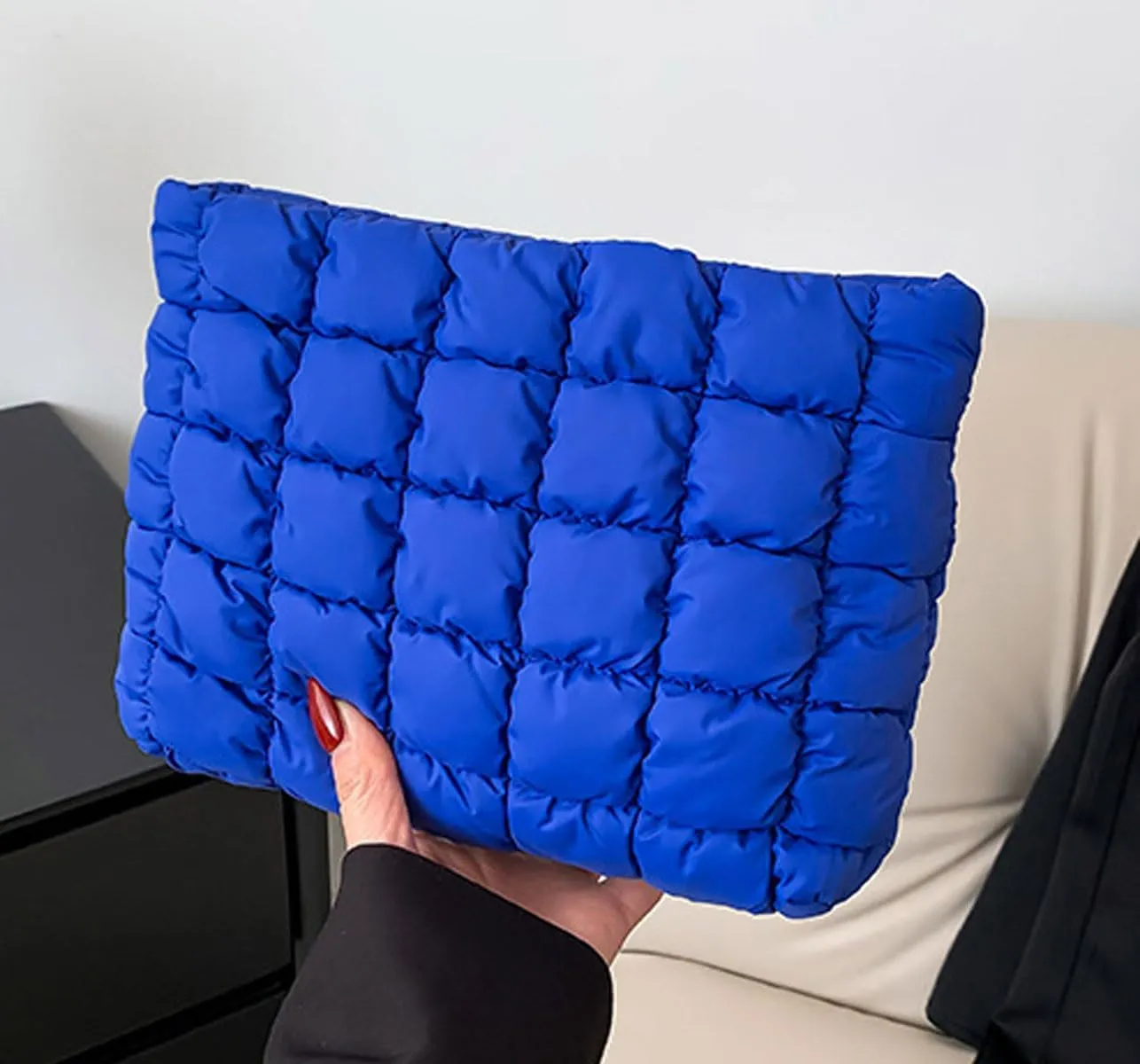 Quilted Makeup Bags Cosmetic Toiletry Organizer Bags Solid Puffer Clutch Cute Pouch for Women, Royal Blue