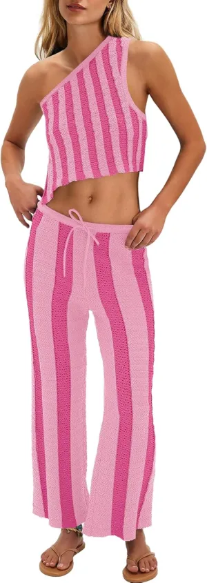 ReachMe Womens Striped Summer 2 Piece Sets Crochet Two Piece Sets One Shoulder Top Wide Leg Pants Beach Outfits