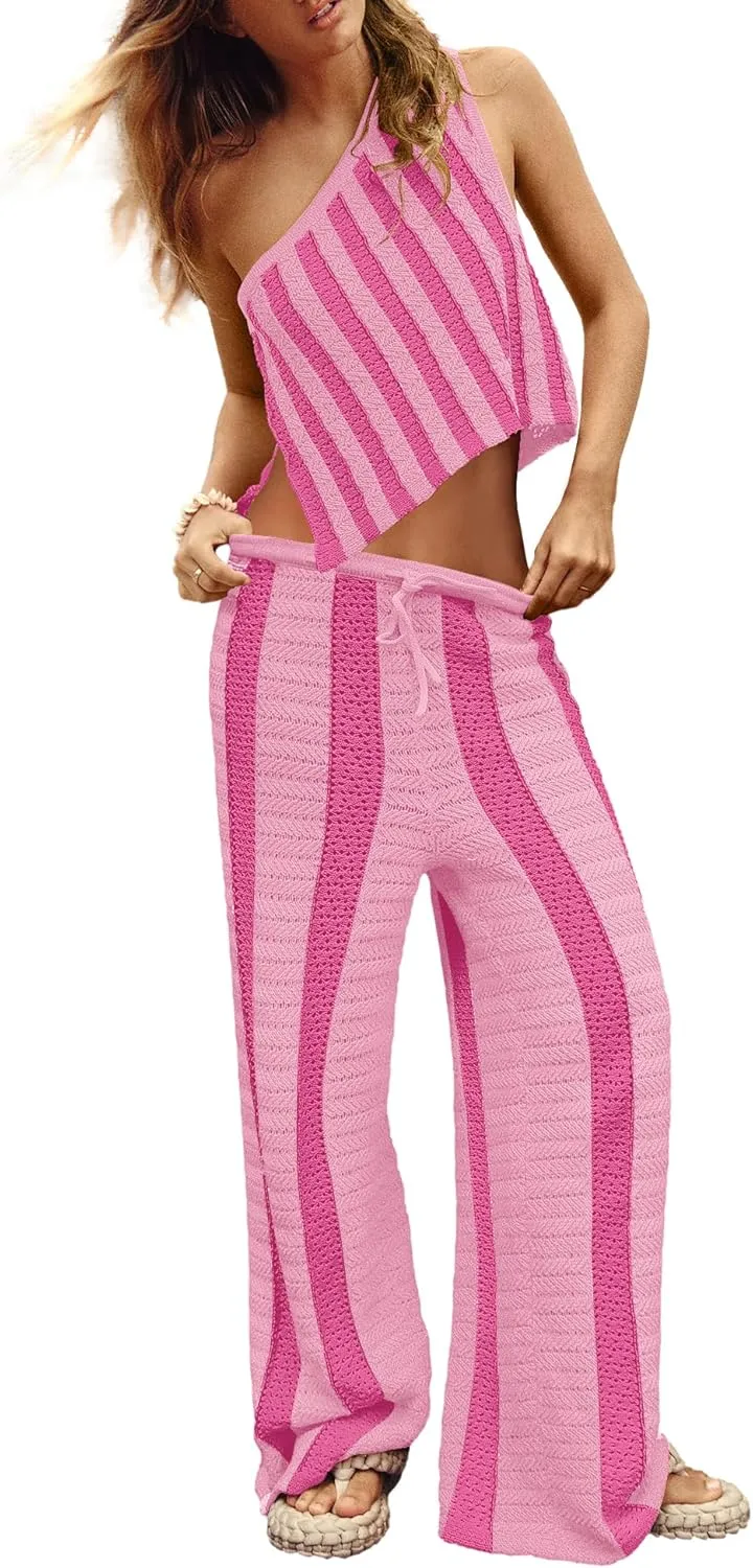 ReachMe Womens Striped Summer 2 Piece Sets Crochet Two Piece Sets One Shoulder Top Wide Leg Pants Beach Outfits
