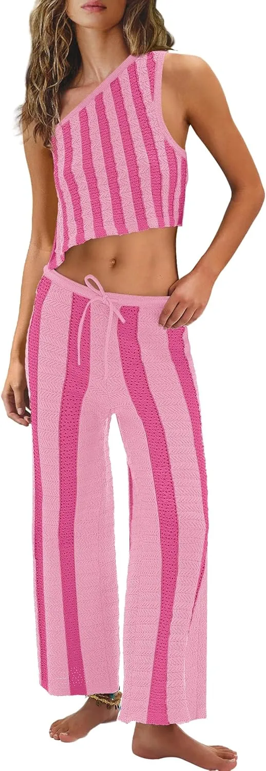 ReachMe Womens Striped Summer 2 Piece Sets Crochet Two Piece Sets One Shoulder Top Wide Leg Pants Beach Outfits