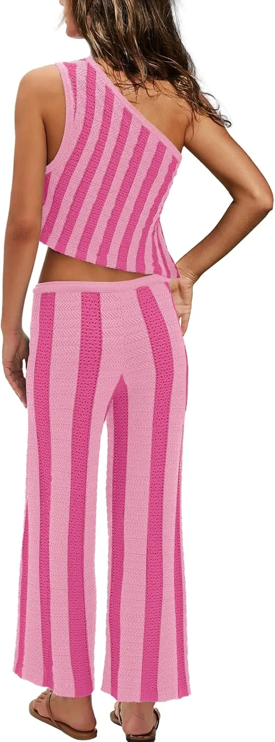 ReachMe Womens Striped Summer 2 Piece Sets Crochet Two Piece Sets One Shoulder Top Wide Leg Pants Beach Outfits