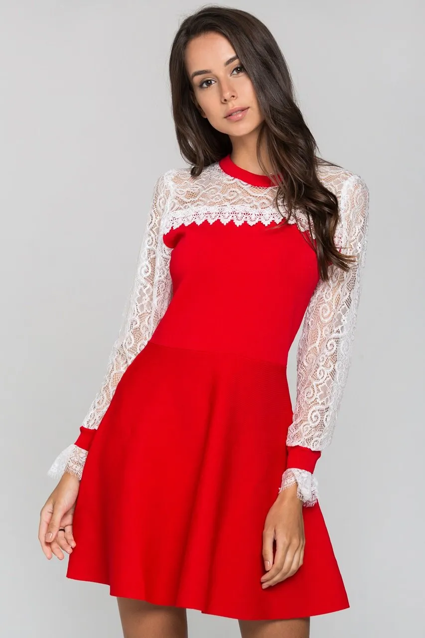 Red and White Lace Yoke Crew Neck Peplum Mini Dress
