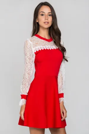 Red and White Lace Yoke Crew Neck Peplum Mini Dress