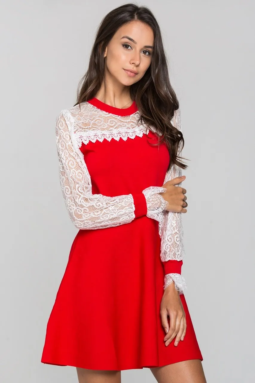 Red and White Lace Yoke Crew Neck Peplum Mini Dress
