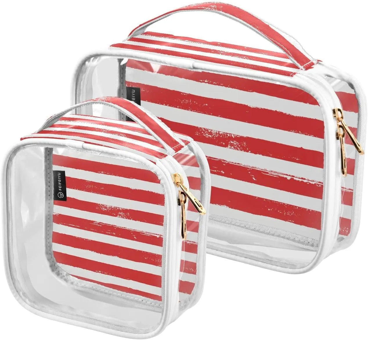 Red Stripes 2 Pieces Clear Makeup Cosmetic Bags for Traveling Vacation Organizing, Toiletry Bags for Women Men, PVC Waterproof Travel Organizer