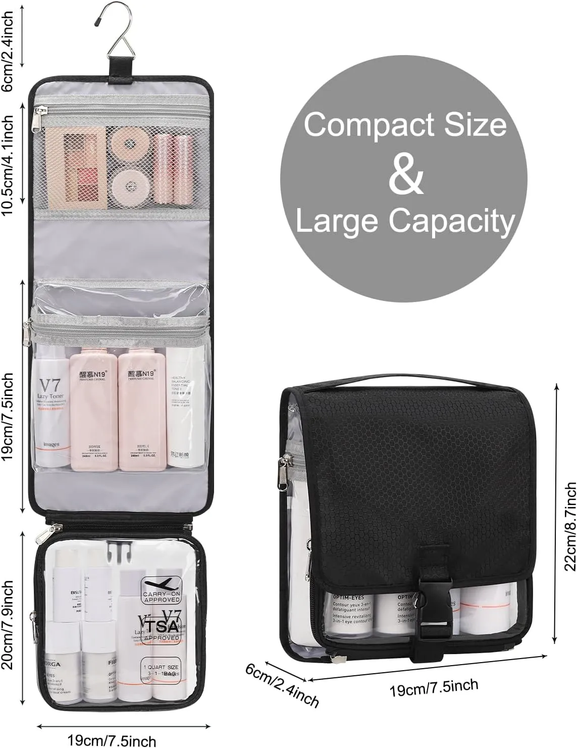 Relavel Travel Toiletry Bag for women with Detachable TSA Approved Toiletry Bag, Compact Hanging toiletry bag with Small Carry On 3-1-1 Clear Waterproof Travel Bags for Toiletries