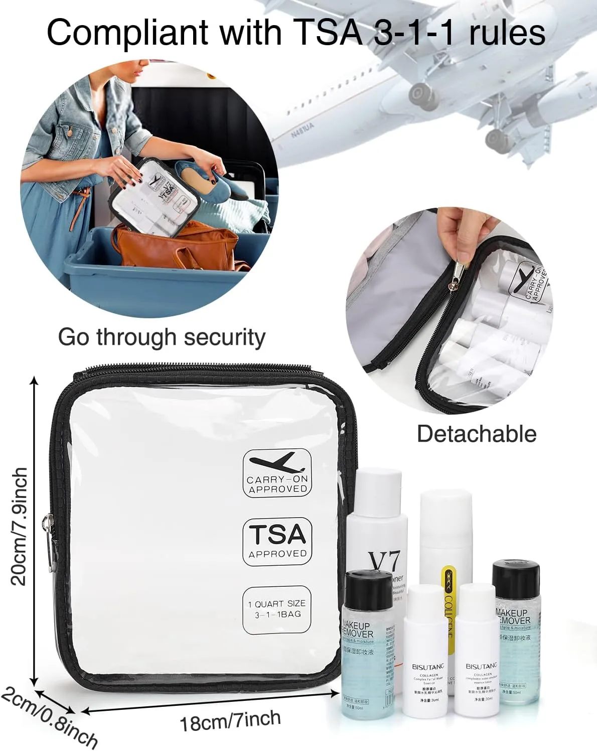 Relavel Travel Toiletry Bag for women with Detachable TSA Approved Toiletry Bag, Compact Hanging toiletry bag with Small Carry On 3-1-1 Clear Waterproof Travel Bags for Toiletries