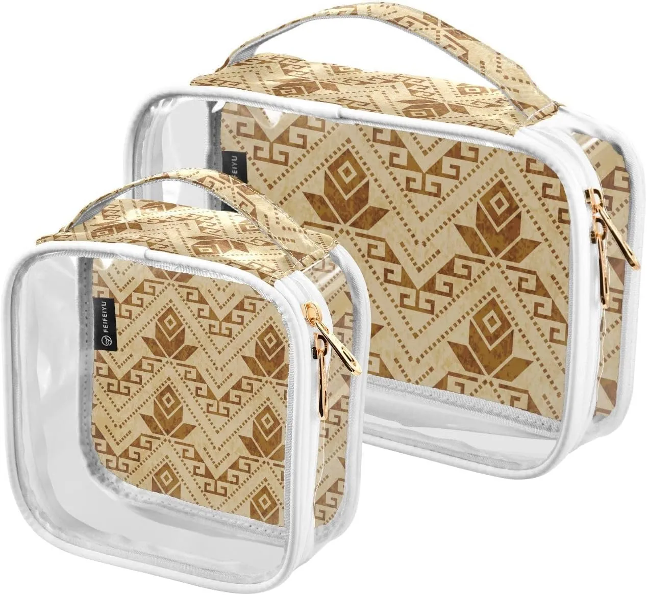 Retro Brown Textured 2 Pieces Clear Makeup Cosmetic Bags for Traveling Vacation Organizing, Toiletry Bags for Women Men, PVC Waterproof Travel Organizer