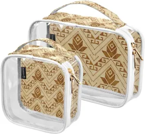 Retro Brown Textured 2 Pieces Clear Makeup Cosmetic Bags for Traveling Vacation Organizing, Toiletry Bags for Women Men, PVC Waterproof Travel Organizer