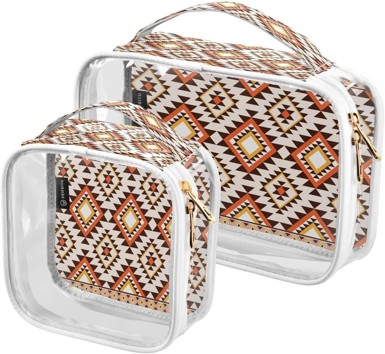 Retro Indian Striped 2 Pieces Clear Makeup Cosmetic Bags for Traveling Vacation Organizing, Toiletry Bags for Women Men, PVC Waterproof Travel Organizer