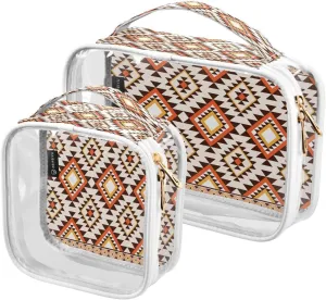 Retro Indian Striped 2 Pieces Clear Makeup Cosmetic Bags for Traveling Vacation Organizing, Toiletry Bags for Women Men, PVC Waterproof Travel Organizer