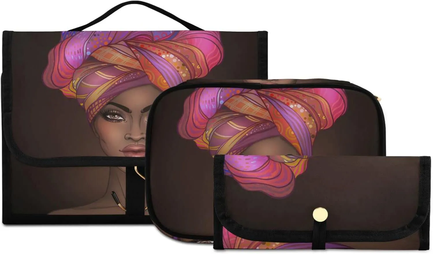 senya African American Girl Toiletry Bag Hanging Travel Makeup Bag 3 PCS, Portable Makeup Organizer Cosmetic Bag Clear