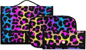 senya Leopard Print Cheetah Neon Gradient Toiletry Bag Hanging Travel Makeup Bag 3 PCS, Portable Makeup Organizer Cosmetic Bag Clear