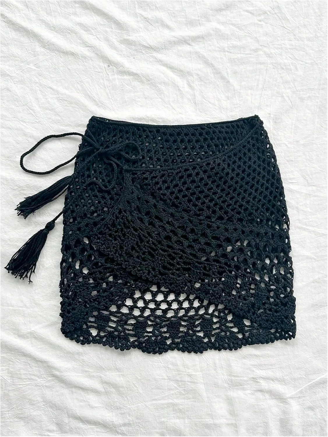 SHENHE Women's Hollow Out Sheer Crochet Wrap Skirt Scalloped Sexy Boho Mini Skirt