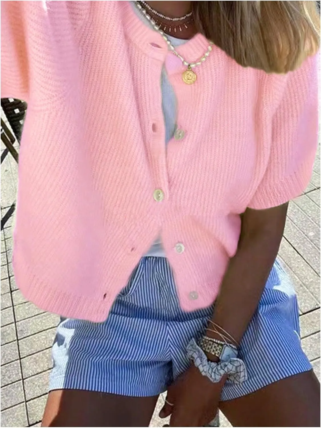 SHENHE Women's Y2K Short Sleeve Button Down Knitted Crew Neck Lightweight Cropped Cardigan Sweater