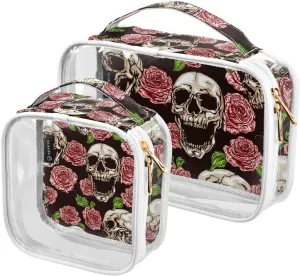 Skulls and Red Roses on Dark 2 Pieces Clear Makeup Cosmetic Bags for Traveling Vacation Organizing, Toiletry Bags for Women Men, PVC Waterproof Travel Organizer