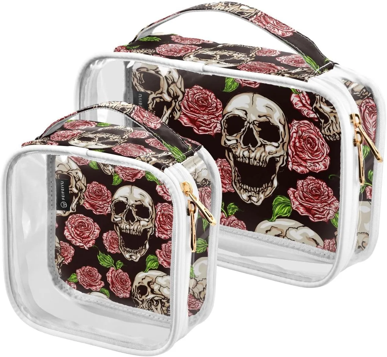 Skulls and Red Roses on Dark 2 Pieces Clear Makeup Cosmetic Bags for Traveling Vacation Organizing, Toiletry Bags for Women Men, PVC Waterproof Travel Organizer