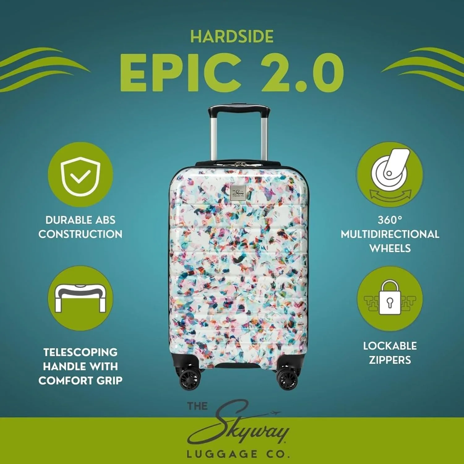 Skyway Epic 2.0 Hardside Lightweight and Durable ABS Shell Luggage, Spacious with Dual Spinning Wheels, Comfort Grip, Men and Women, Carry-On 20-Inch, Confetti