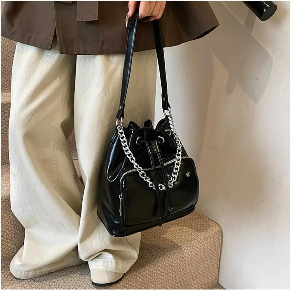Slouchy PU Leather Bucket Hobo Bags Women Trendy Crescent Crossbody Purse Top-handle Shoulder Satchels Bag Tote Handbag