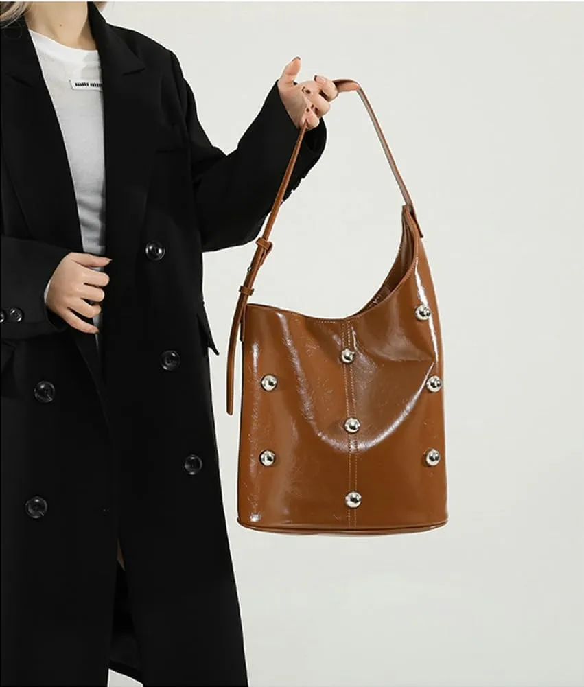 Slouchy PU Leather Hobo Bags Women Trendy Shoulder Bag Crescent Crossbody Phone Purse Cute Rivet Satchels Tote Handbag