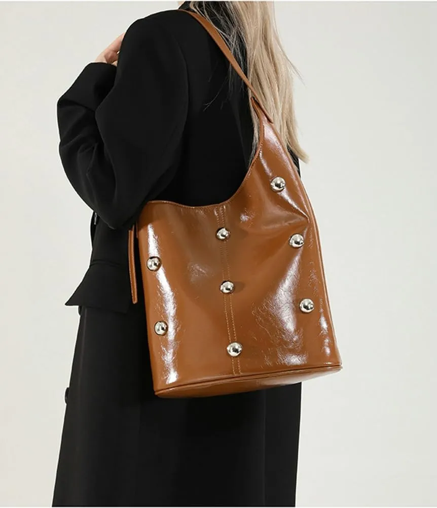 Slouchy PU Leather Hobo Bags Women Trendy Shoulder Bag Crescent Crossbody Phone Purse Cute Rivet Satchels Tote Handbag