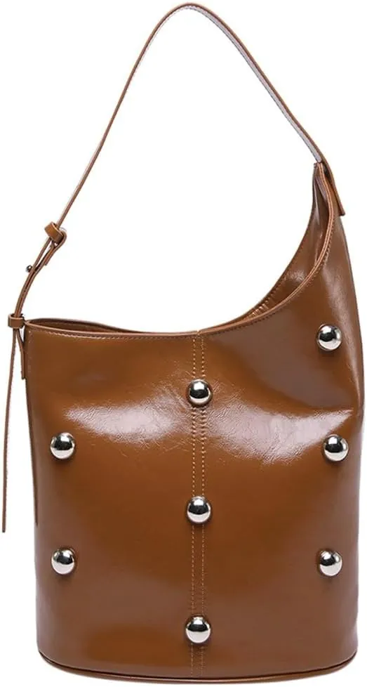 Slouchy PU Leather Hobo Bags Women Trendy Shoulder Bag Crescent Crossbody Phone Purse Cute Rivet Satchels Tote Handbag
