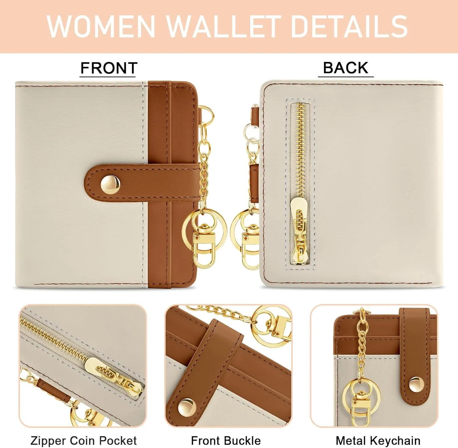Small Ladies Wallet, Rfid Slim Thin Compact Credit Card Women Wallet, PU Leather Bifold Cash Wallet, Zipper Coin Pocket & ID Window, Female Gifts Beige and Brown
