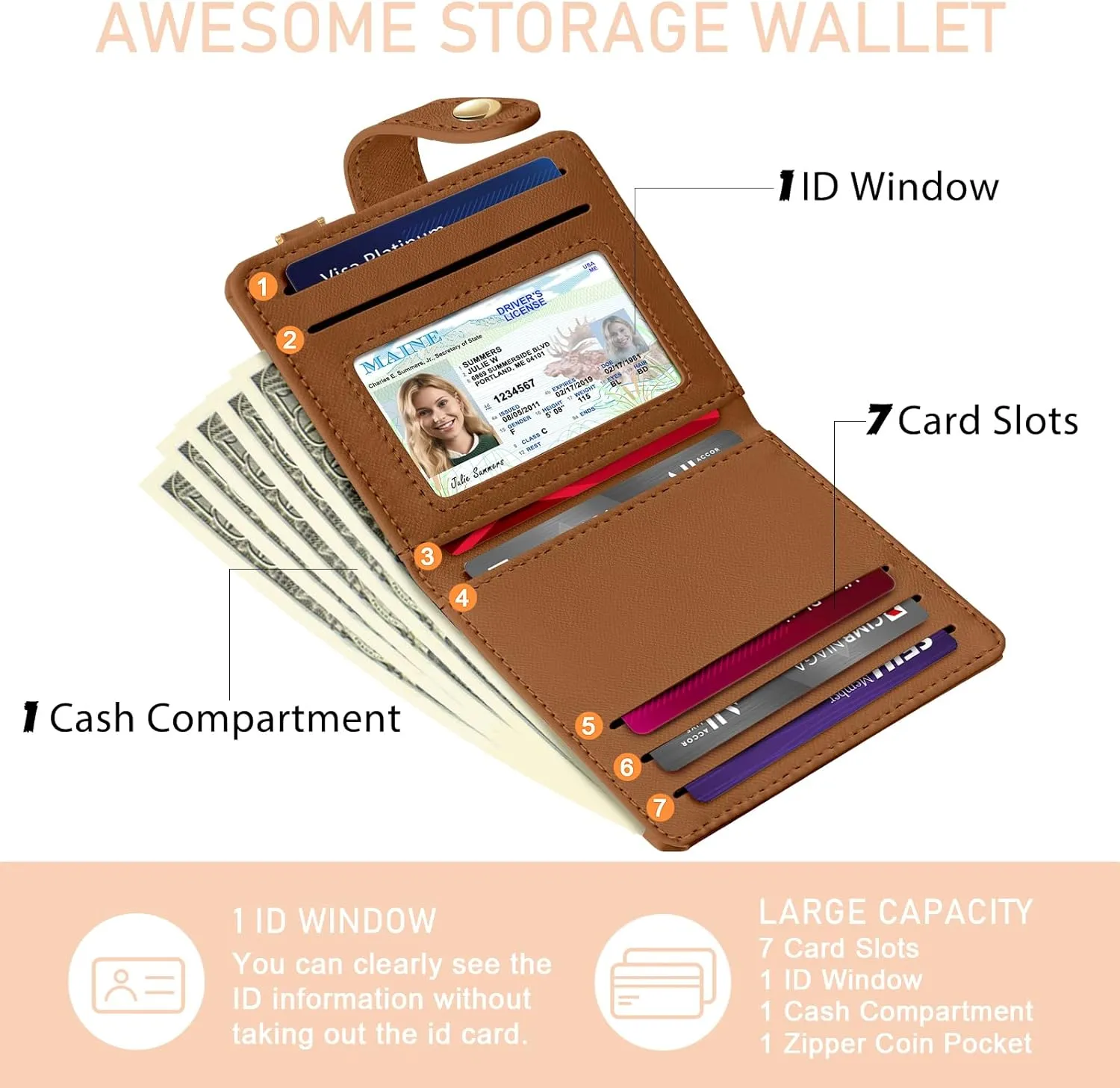 Small Ladies Wallet, Rfid Slim Thin Compact Credit Card Women Wallet, PU Leather Bifold Cash Wallet, Zipper Coin Pocket & ID Window, Female Gifts Beige and Brown