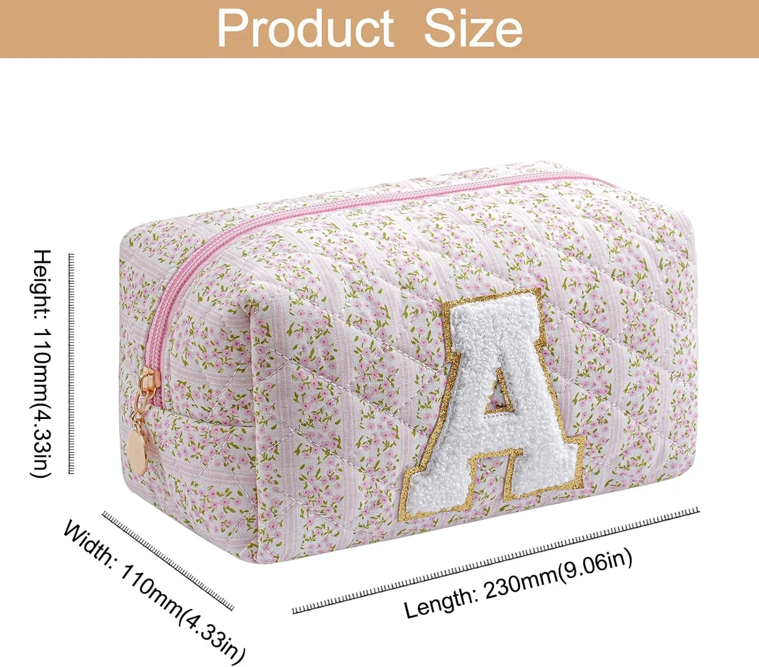 Small Makeup Bag, Travel Cosmetic Bags for Women, Christmas Gifts for Girls Age 6-18, Pink Floral Zipper Makeup Pouch, Alphabet Make up Organizer Case, Travel Essentials Trendy Stuff (Pink A)