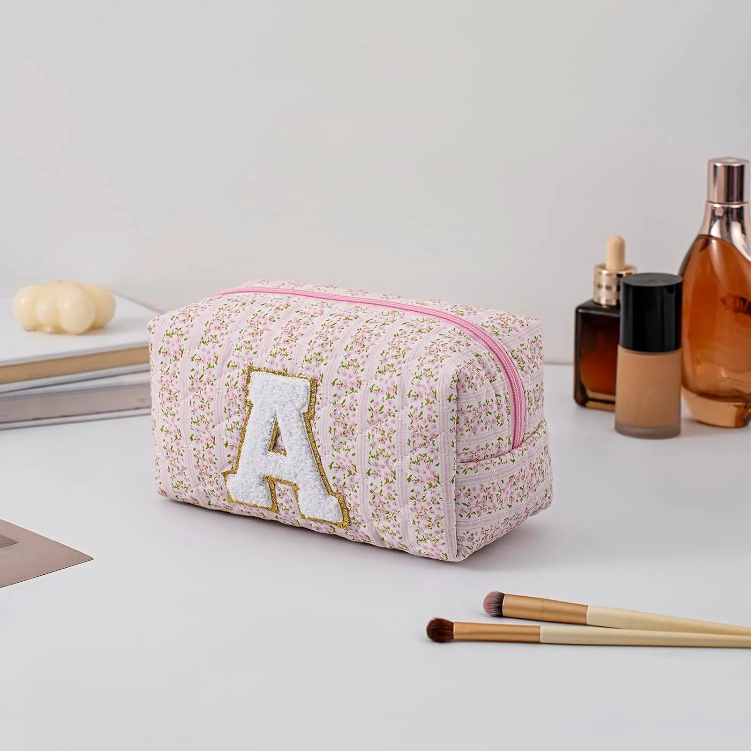 Small Makeup Bag, Travel Cosmetic Bags for Women, Christmas Gifts for Girls Age 6-18, Pink Floral Zipper Makeup Pouch, Alphabet Make up Organizer Case, Travel Essentials Trendy Stuff (Pink A)