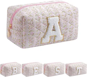 Small Makeup Bag, Travel Cosmetic Bags for Women, Christmas Gifts for Girls Age 6-18, Pink Floral Zipper Makeup Pouch, Alphabet Make up Organizer Case, Travel Essentials Trendy Stuff (Pink A)