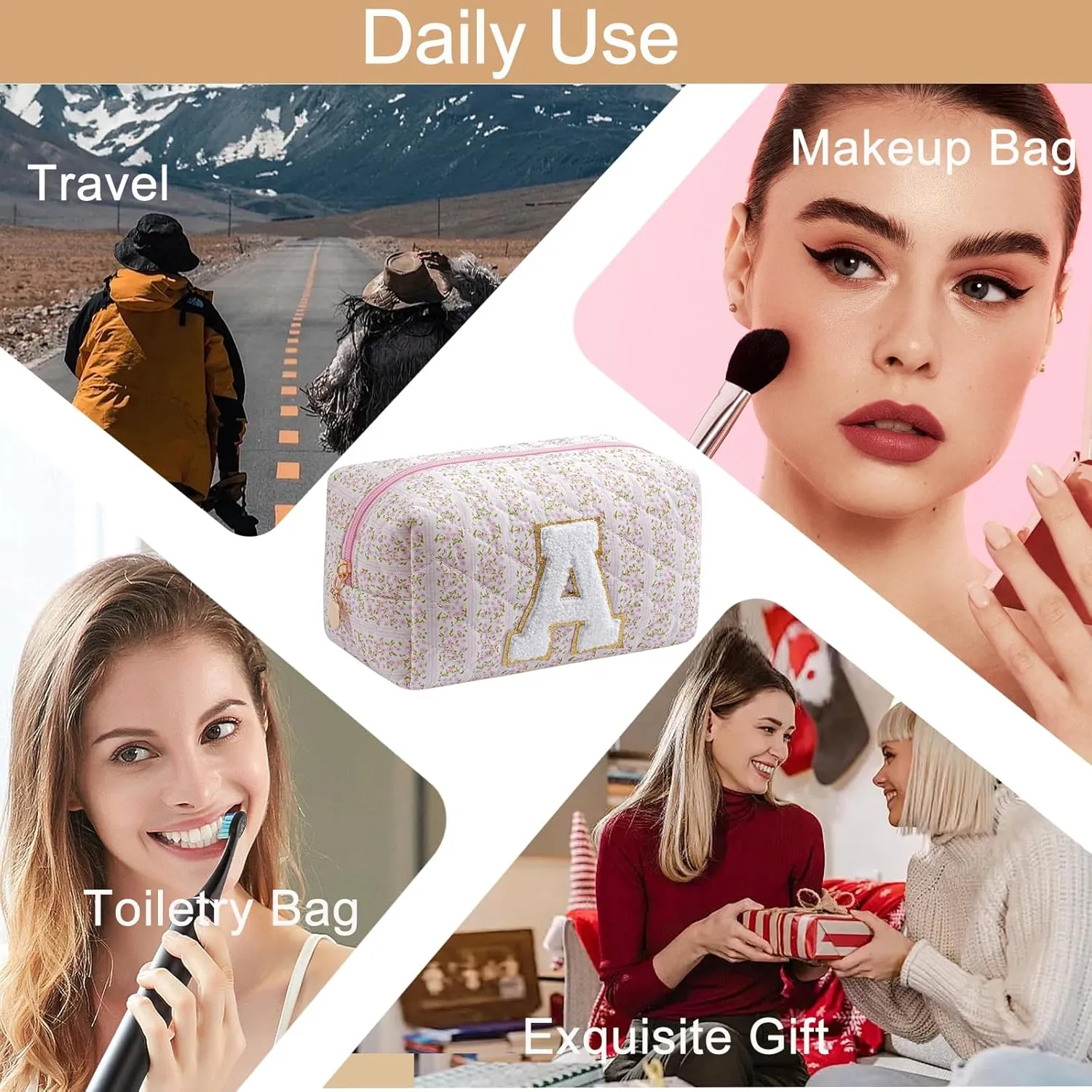 Small Makeup Bag, Travel Cosmetic Bags for Women, Christmas Gifts for Girls Age 6-18, Pink Floral Zipper Makeup Pouch, Alphabet Make up Organizer Case, Travel Essentials Trendy Stuff (Pink A)