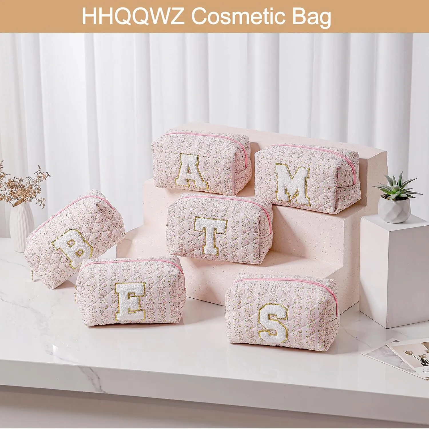 Small Makeup Bag, Travel Cosmetic Bags for Women, Christmas Gifts for Girls Age 6-18, Pink Floral Zipper Makeup Pouch, Alphabet Make up Organizer Case, Travel Essentials Trendy Stuff (Pink A)