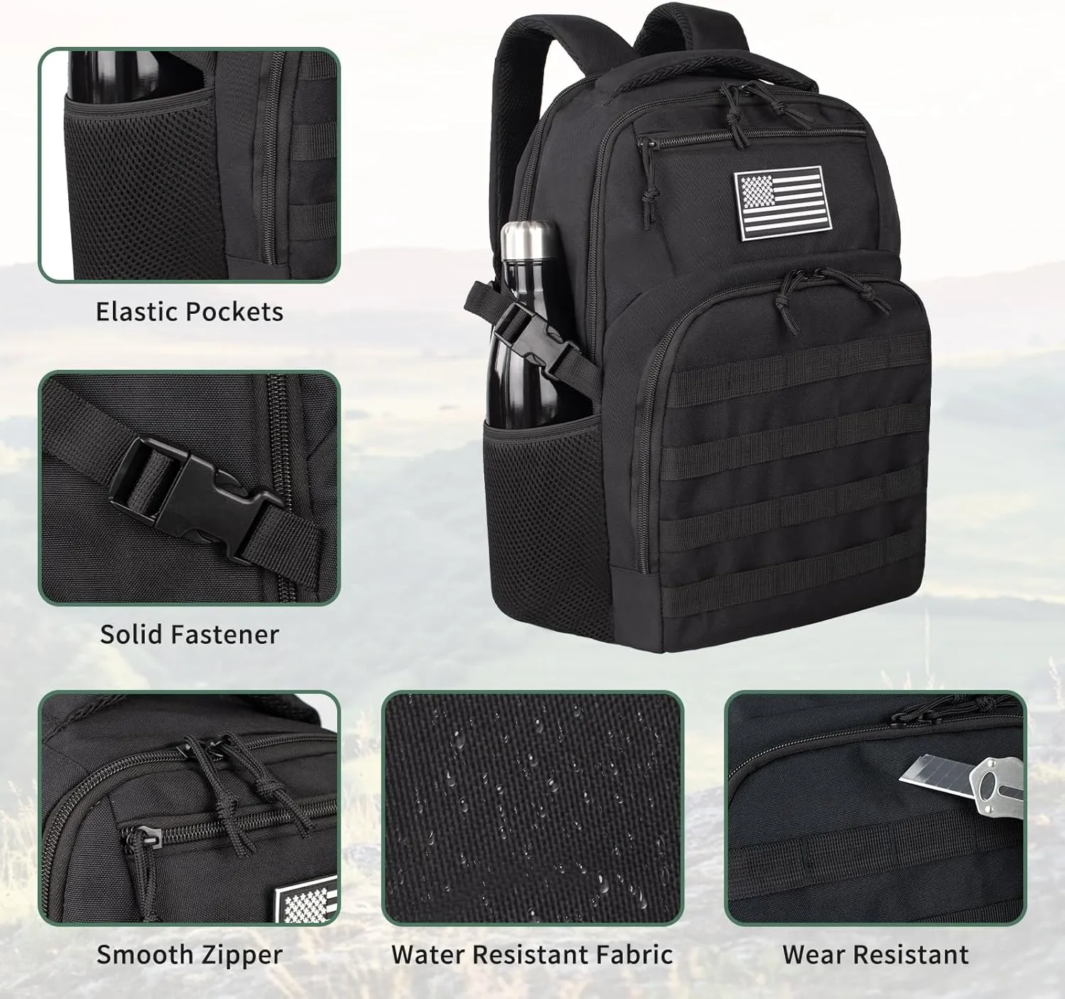 Small Military Tactical Backpack for MenTravel Hiking Black Backpack with Bottle Holder on Both Sides, 25L Laptop Backpack for Work, Men's Assault Bag Back Pack