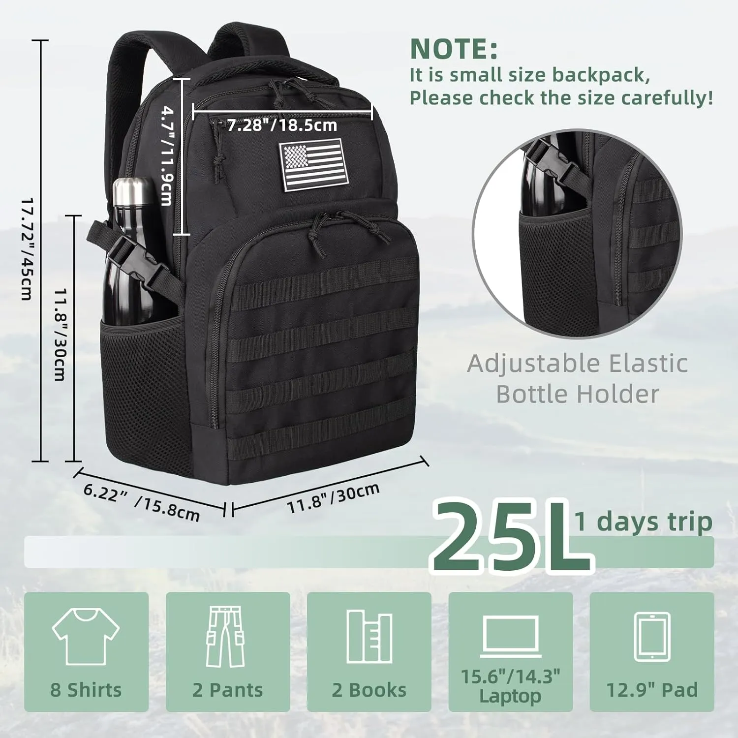 Small Military Tactical Backpack for MenTravel Hiking Black Backpack with Bottle Holder on Both Sides, 25L Laptop Backpack for Work, Men's Assault Bag Back Pack