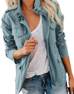 Soulomelody Womens Military Anorak Jacket Zip Up Snap Button Parka Safari Utility Coat Outwear with Pockets