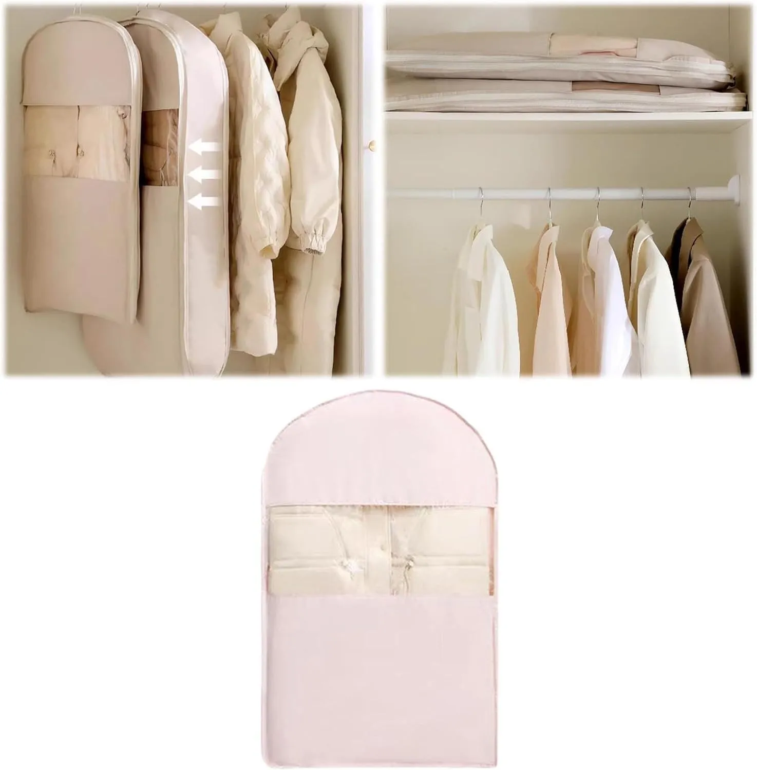 Space Saving Hanging Garment Bag with Self Compression Zipper,2025 Upgrade Space Saver Closet Organizers,Winter Coat Storage,Dust Cover Clothes Bags for Down Coat (Pink, 90X58X15cm)