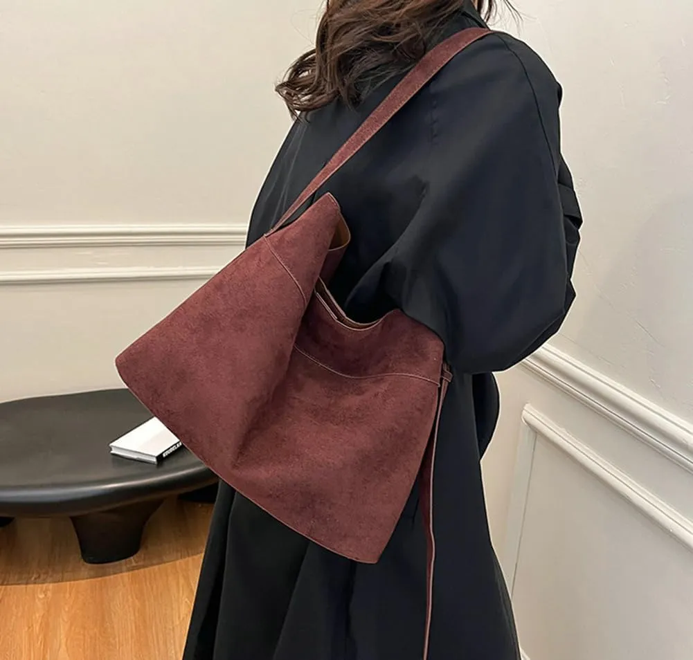 Suede Bucket Bags for Women Slouchy Tote Bags for Women Shoulder Bag with Pouch Crossbody Purse Satchel Bag Carryall
