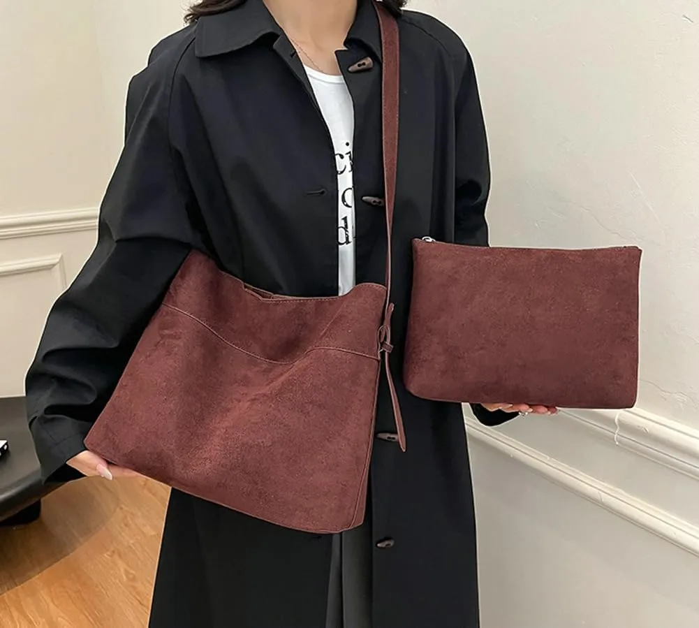 Suede Bucket Bags for Women Slouchy Tote Bags for Women Shoulder Bag with Pouch Crossbody Purse Satchel Bag Carryall