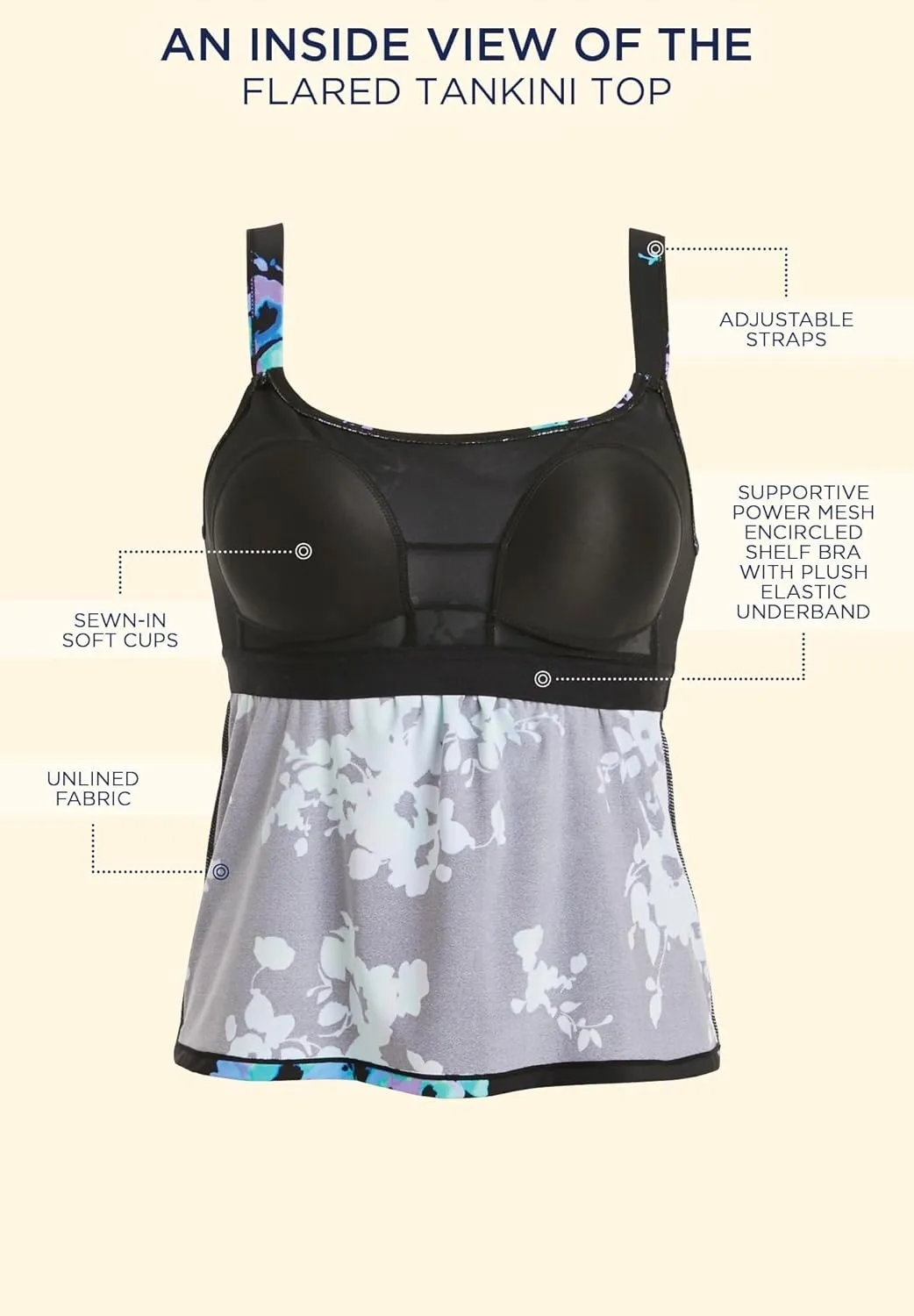 Swimsuits For All Women's Plus Size A Line Relaxed Fit Flared Tankini Top with Adjustable Straps