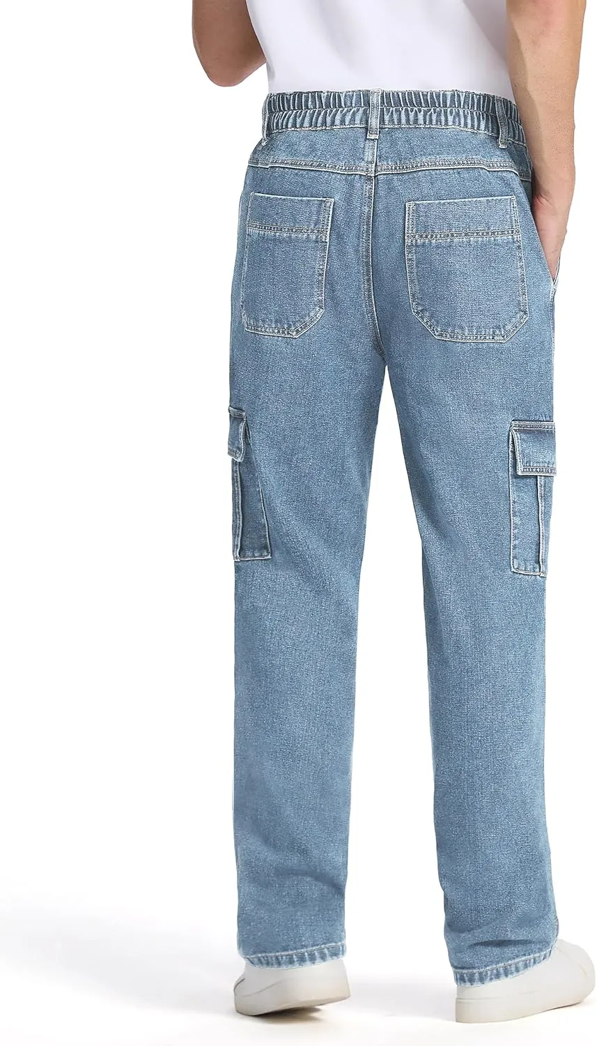 Tapata Men's Relaxed Fit Cargo Jeans Elastic Waist 6 Pockets Straight Leg Work Utility Pants