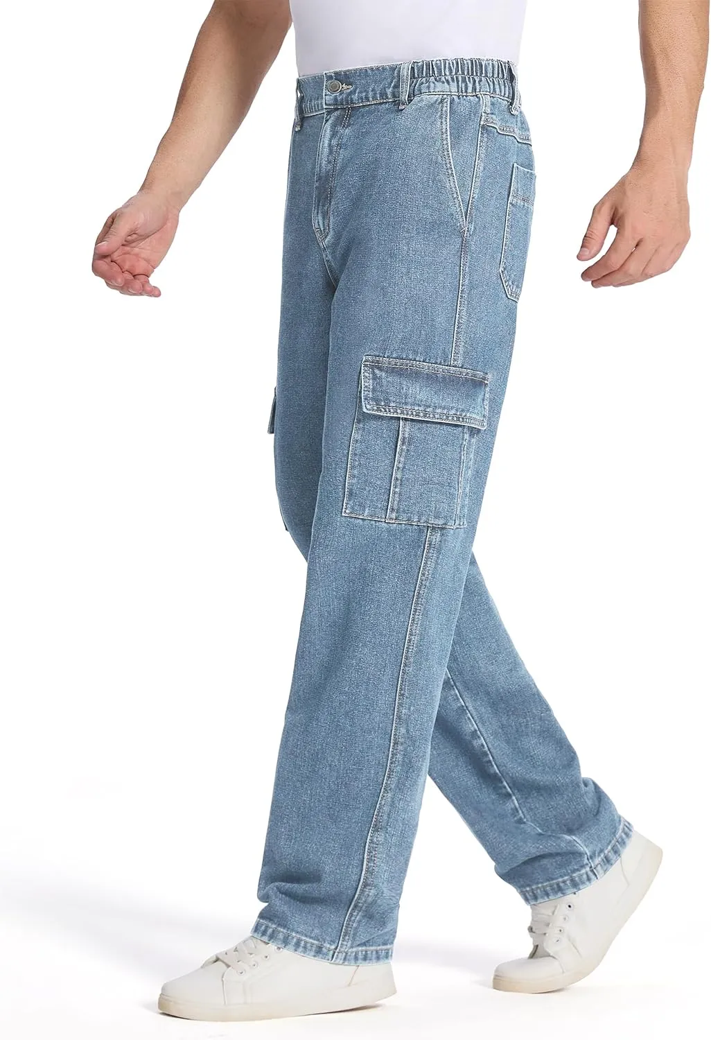 Tapata Men's Relaxed Fit Cargo Jeans Elastic Waist 6 Pockets Straight Leg Work Utility Pants