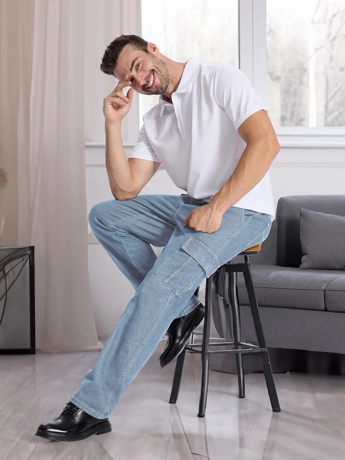 Tapata Men's Relaxed Fit Cargo Jeans Elastic Waist 6 Pockets Straight Leg Work Utility Pants