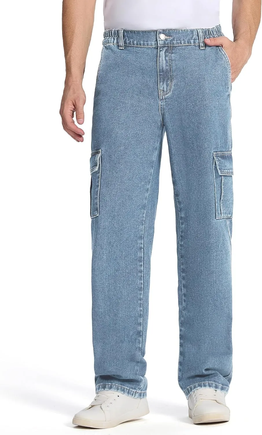 Tapata Men's Relaxed Fit Cargo Jeans Elastic Waist 6 Pockets Straight Leg Work Utility Pants