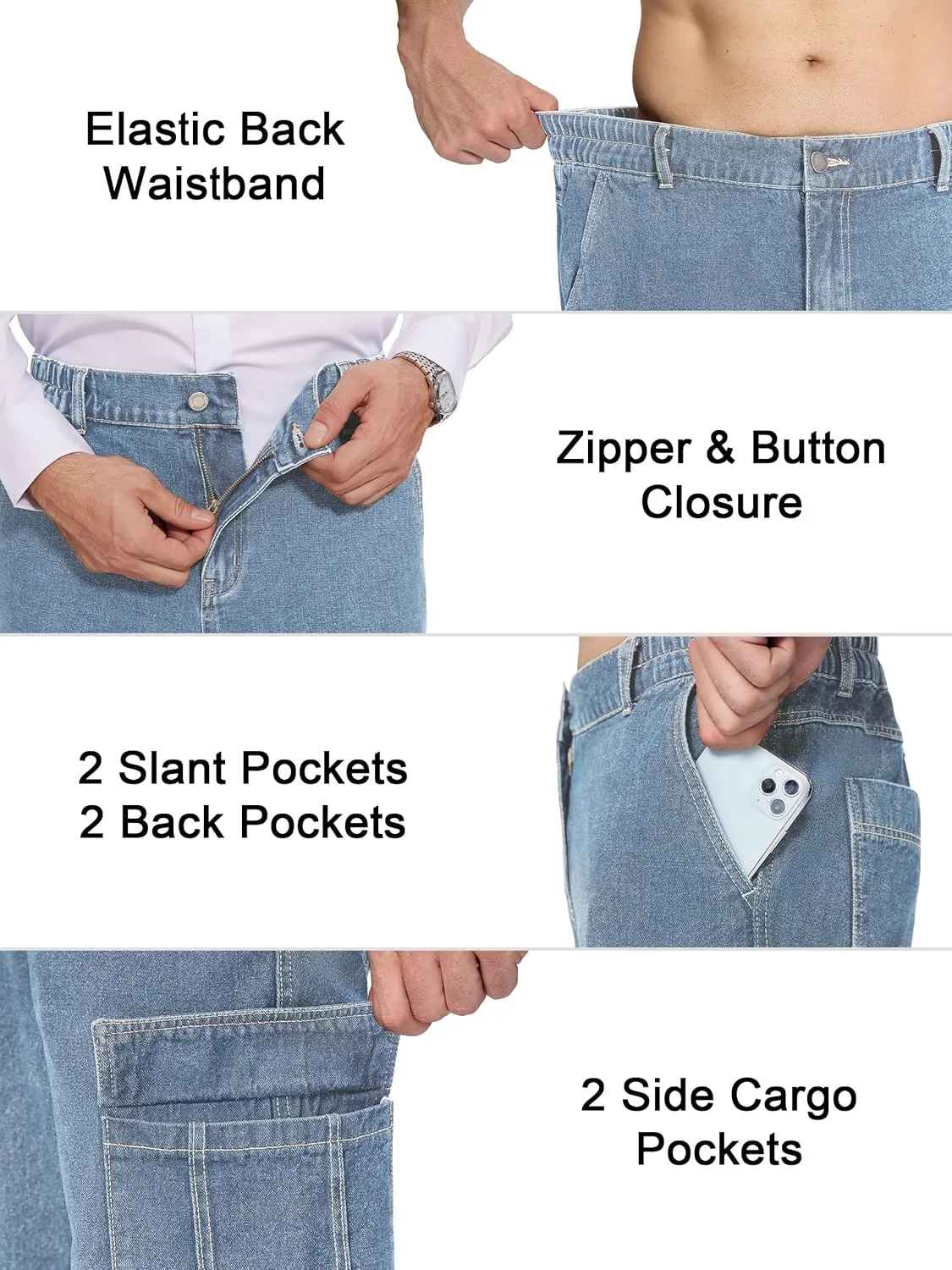 Tapata Men's Relaxed Fit Cargo Jeans Elastic Waist 6 Pockets Straight Leg Work Utility Pants