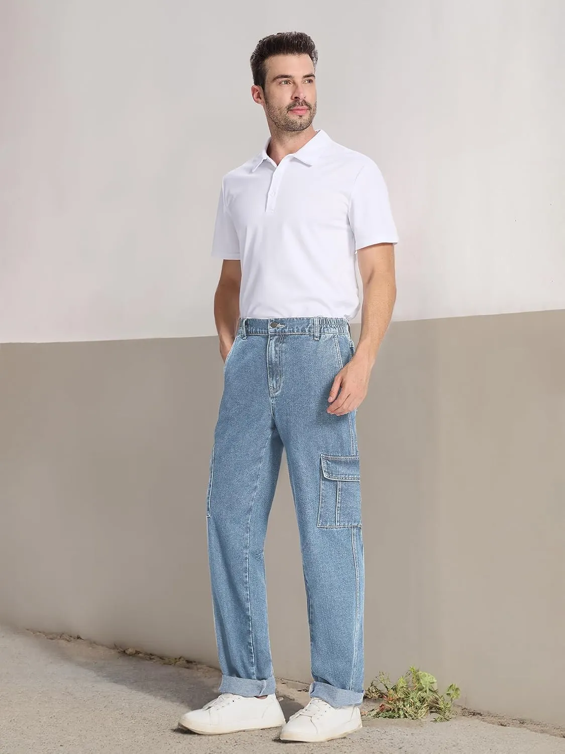 Tapata Men's Relaxed Fit Cargo Jeans Elastic Waist 6 Pockets Straight Leg Work Utility Pants