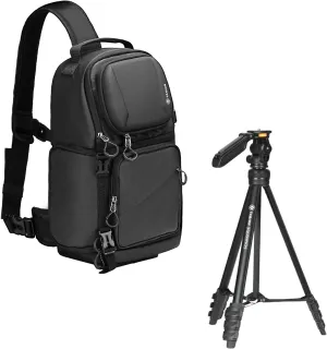 TARION Sling Backpack   Travel Tripod for Camera & Phone | 55"/139cm Aluminum Tall Lightweight Camera Tripod Stand with Phone Holder Squorpion & Camera Sling Bag DSLR Sling Pack Slingpack Black TR-S